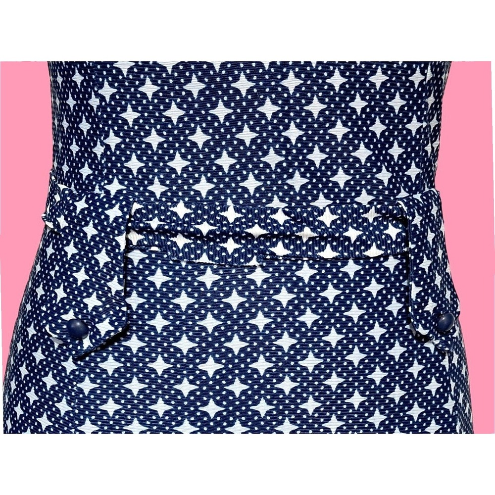 Retro Vintage 70s Geometric Star Tunic Pant Set Womens Small Navy White Mod - Picture 7 of 13